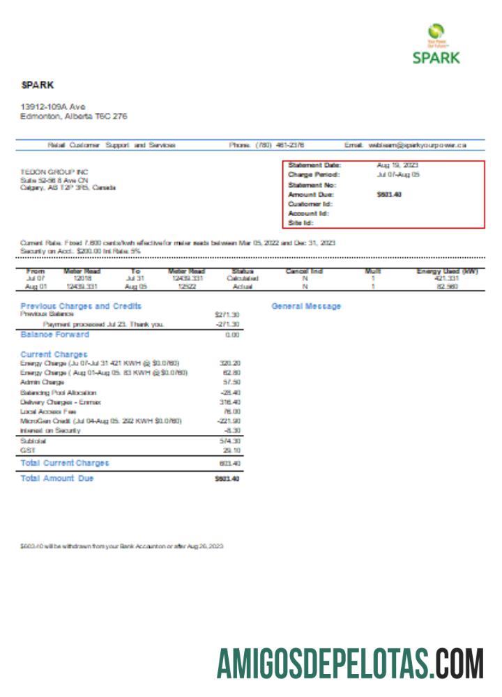 Projeto de lei de negócios de serviços públicos Spark Alberta, SCR exemplo real
